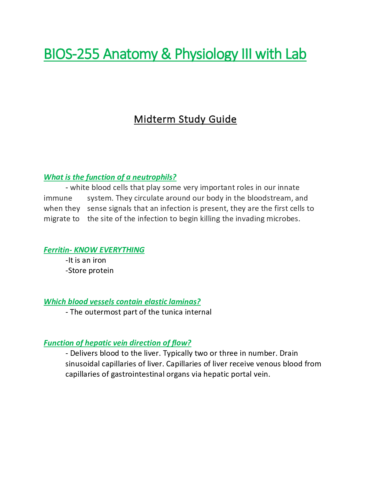 Preview of BIOS 255 / BIOS255 Midterm Study Guide  : Anatomy & Physiology III / A&P III - Chamberlain